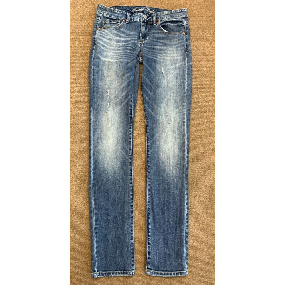 American Eagle Jeans Womens 6 Low Rise Skinny Distressed Whiskered Vintage Denim